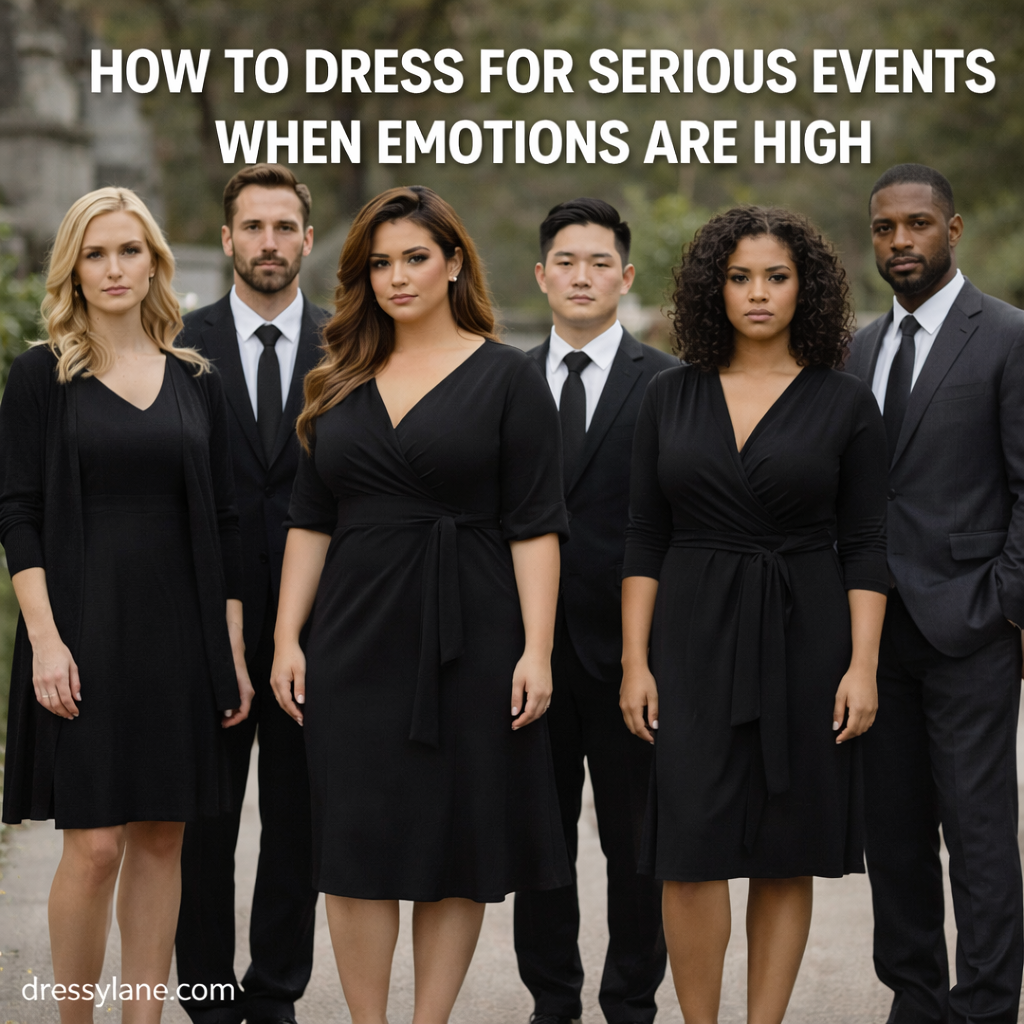 Group of men and women wearing respectful, muted attire at a serious emotional event.