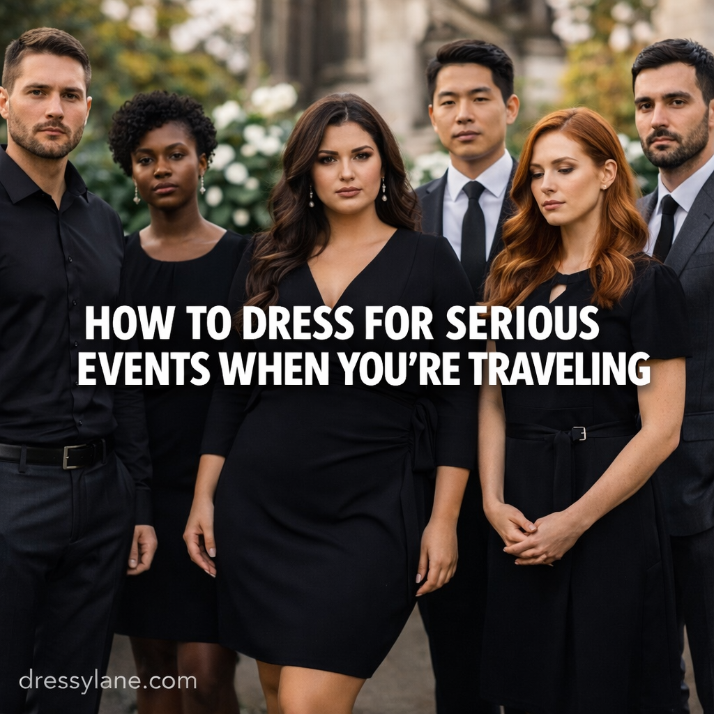 Group of men and women dressed in formal black attire for a serious event while traveling, featuring a confident curvy woman in the center.