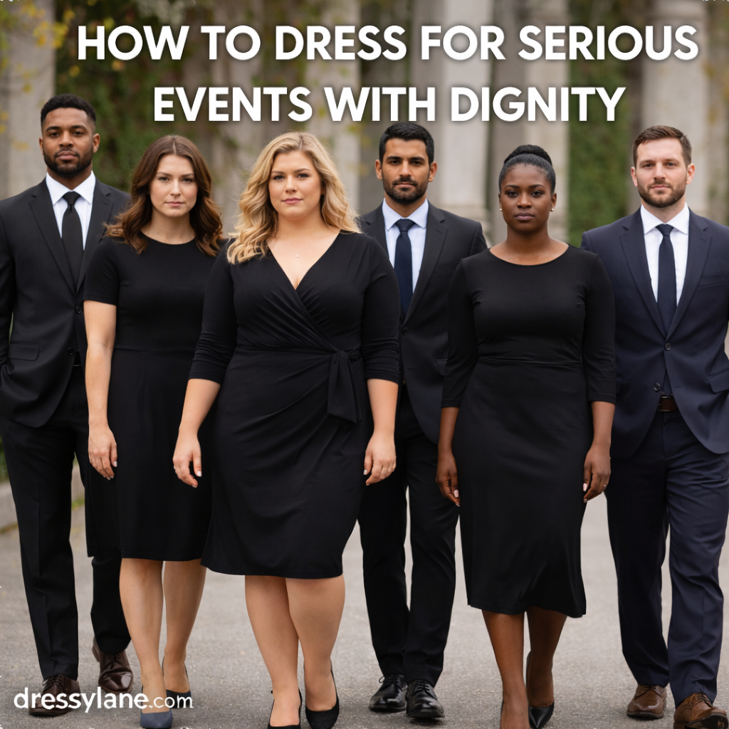 Men and women wearing dignified black and dark formal outfits suitable for funerals and serious events, standing together in a respectful setting.