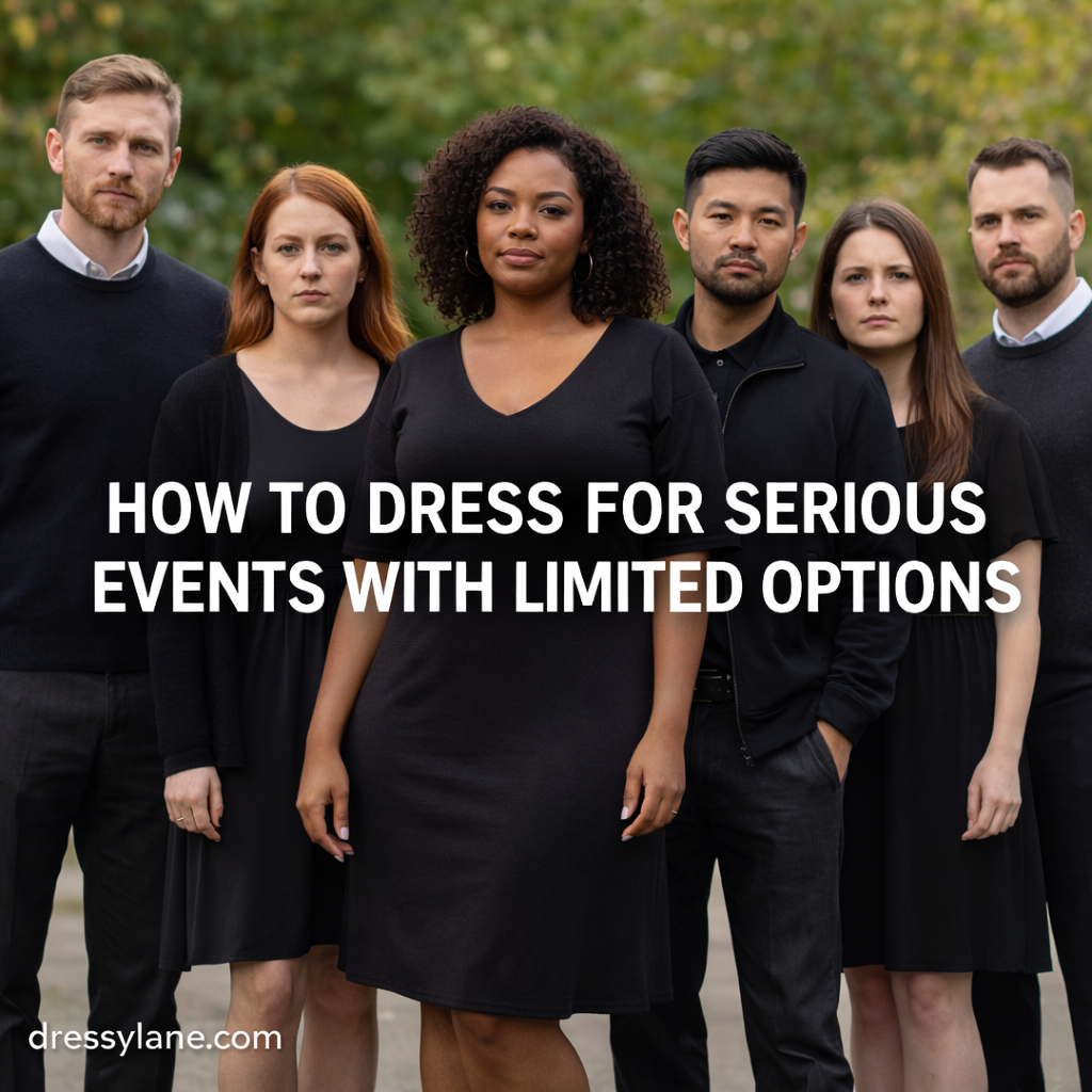 Group of men and women wearing simple, respectful outfits for a serious event.