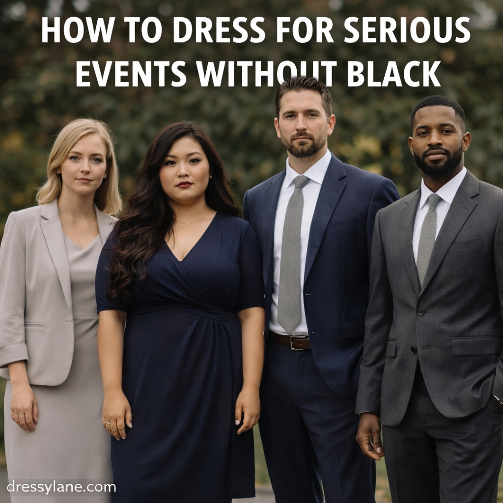 A diverse group of men and women wearing respectful, muted-toned outfits for serious events without black, featuring a confident woman with a curvier build in a navy dress.