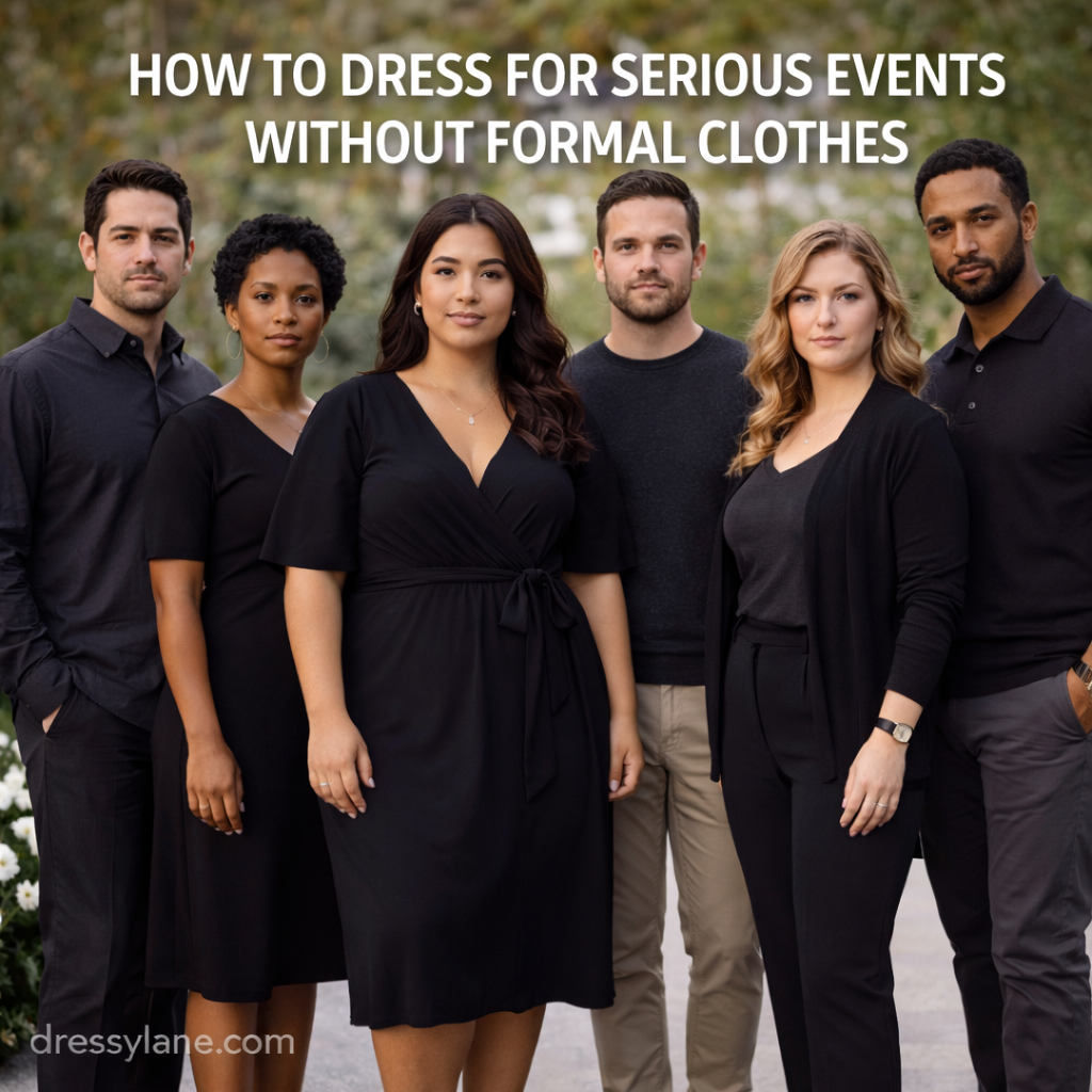 Group of men and women wearing respectful, non-formal outfits for a serious event, featuring a confident curvy woman in a simple black dress.