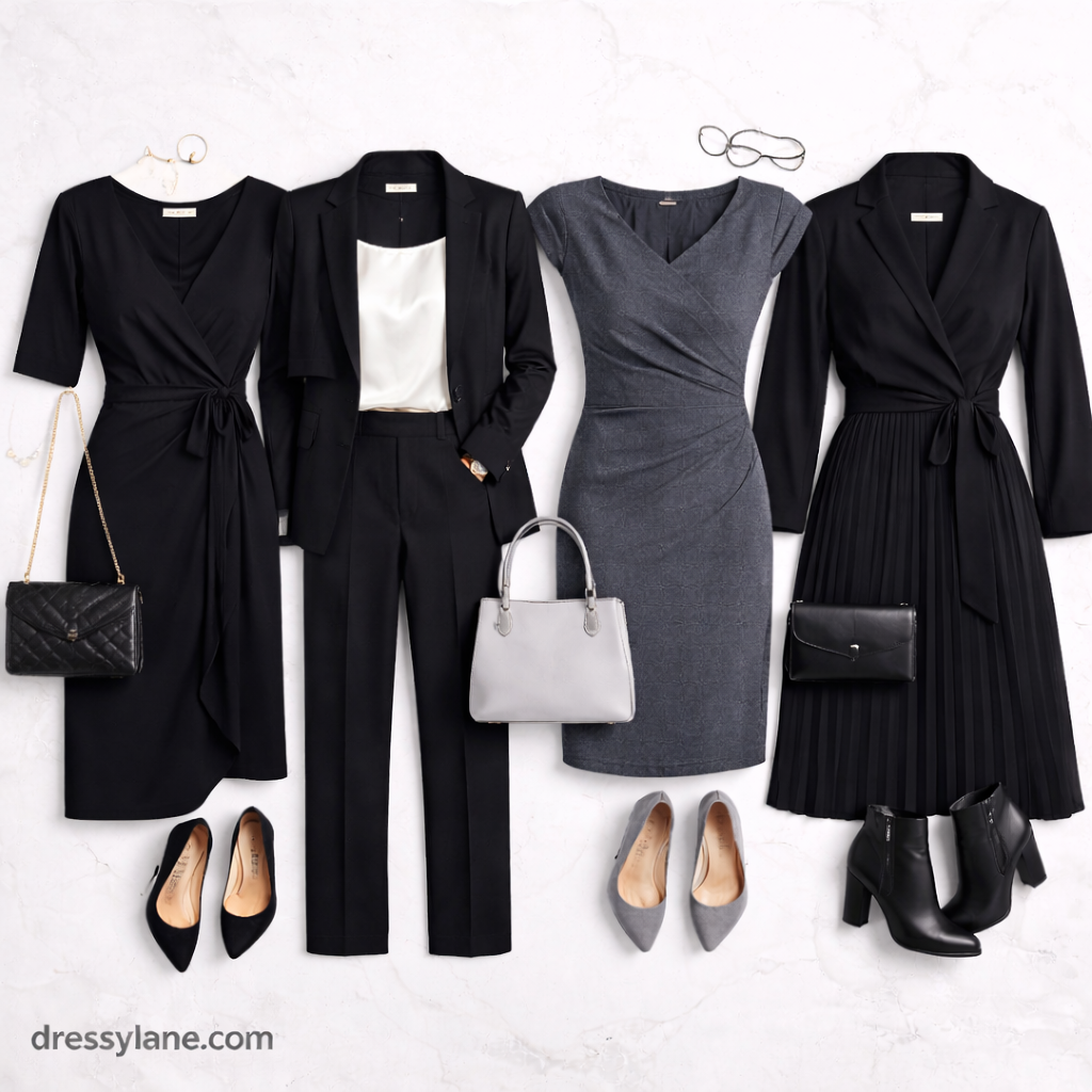 Flat lay of women’s respectful attire for serious events including black dresses, tailored suits, modest footwear, and formal accessories.