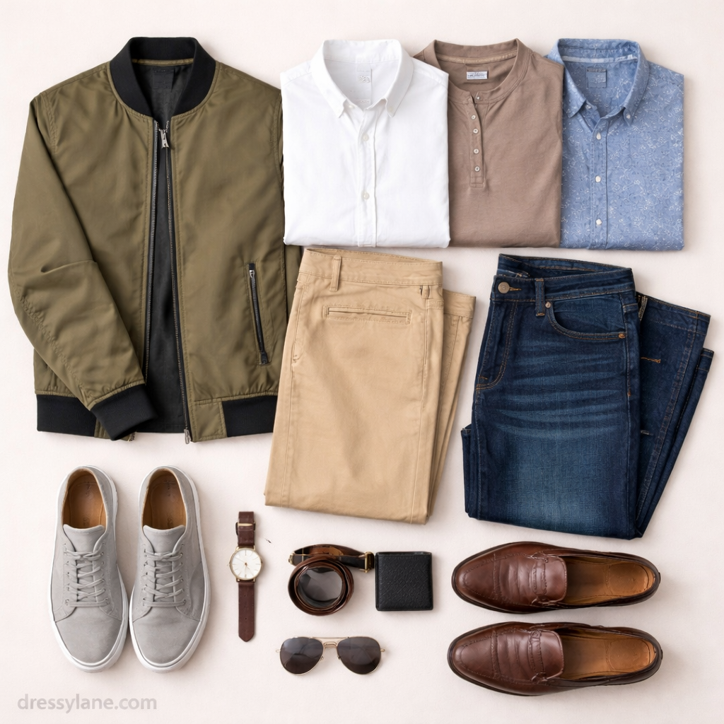 Flat lay of men’s clothing and accessories styled for a last-minute social event, featuring shirts, jackets, shoes, and coordinated essentials.