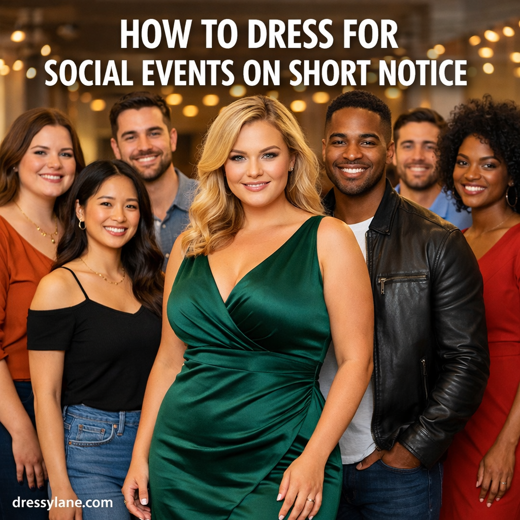 A diverse group of men and women dressed stylishly for a social event on short notice, featuring confident modern outfits and polished looks.