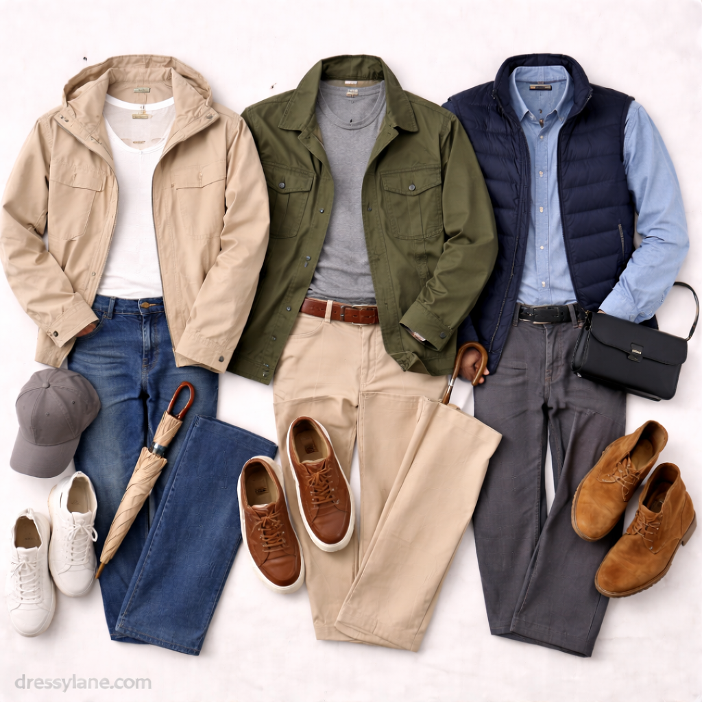 Flat lay of men’s outfits styled for sudden weather changes, featuring layered jackets, full-length pants, and versatile footwear.
