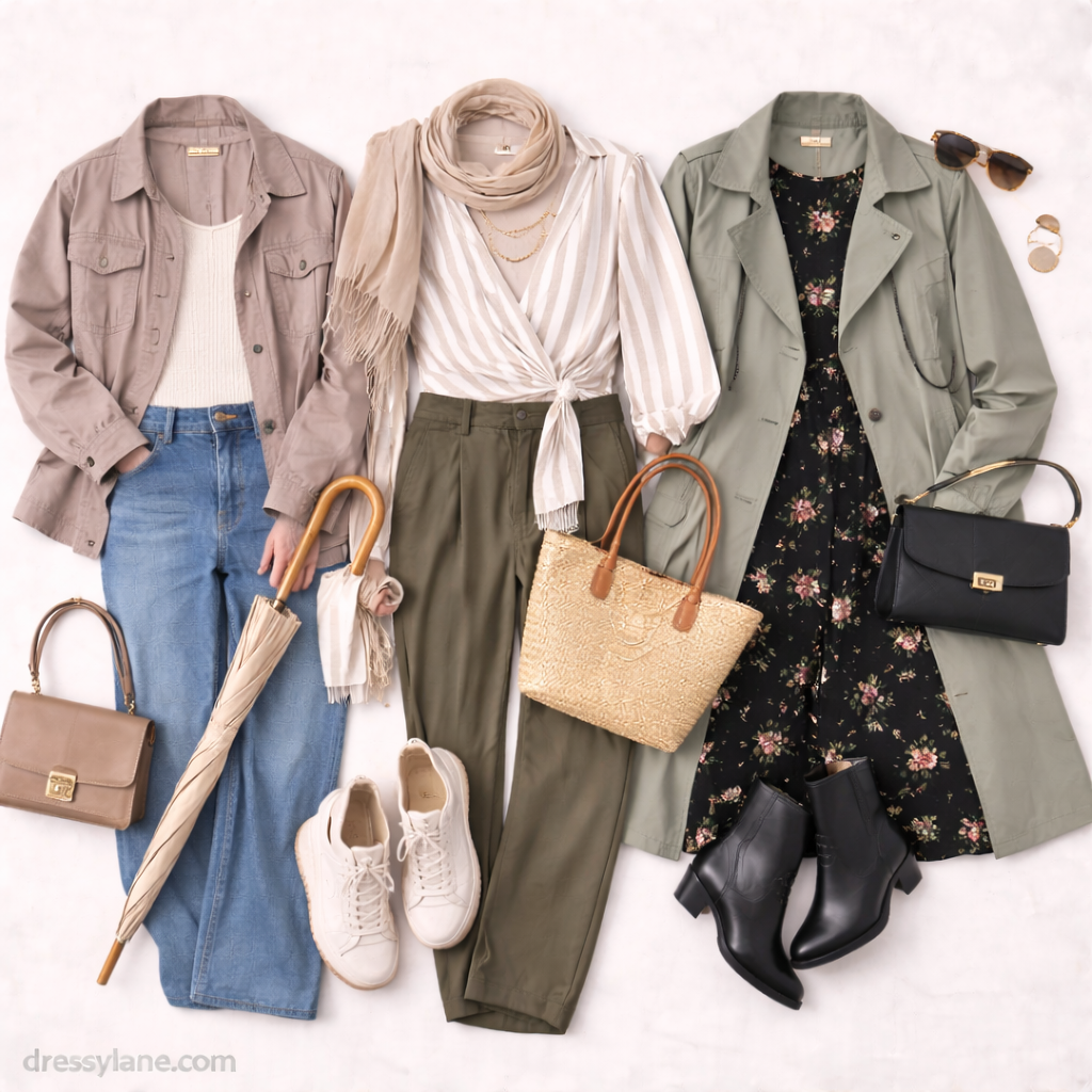Flat lay of women’s outfits styled for sudden weather changes, featuring layered jackets, dresses, pants, and versatile accessories.