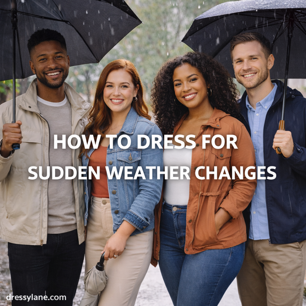 A diverse group of men and women wearing layered outfits designed to adapt to sudden weather changes throughout the day.