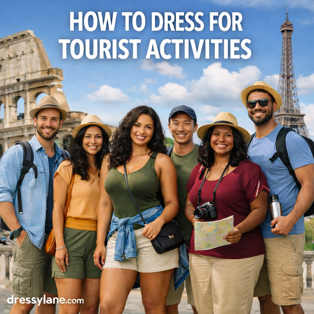 Diverse group of men and women wearing comfortable stylish outfits for sightseeing and travel activities in a city setting.
