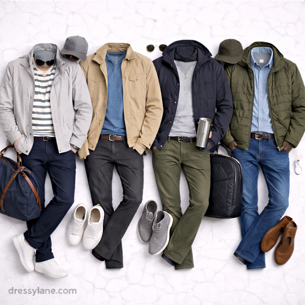 Flat lay of men’s comfortable yet polished travel outfits including jackets, sweaters, pants, sneakers, and travel accessories.