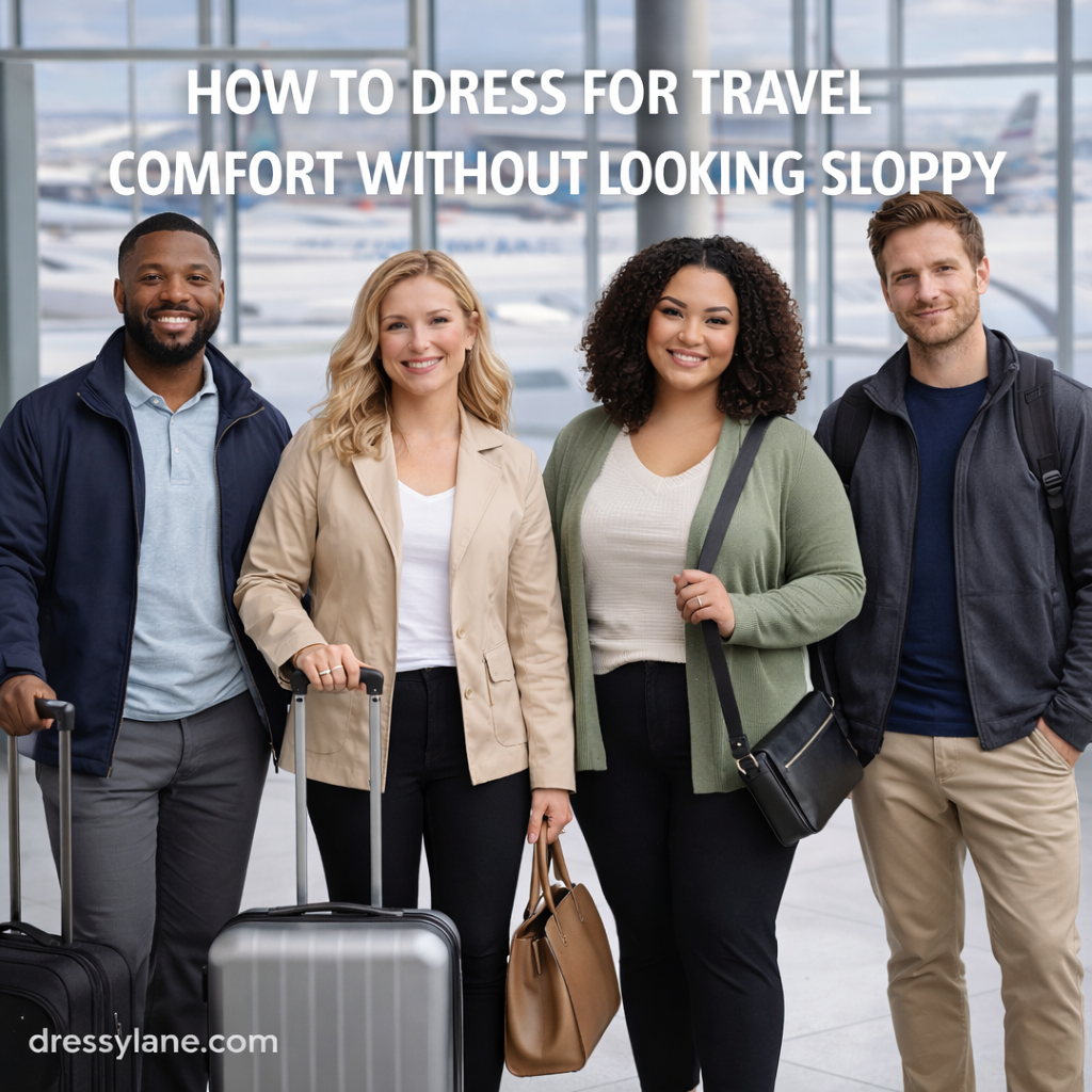 Diverse group of travelers wearing comfortable, polished outfits in an airport setting, carrying carry-on luggage.
