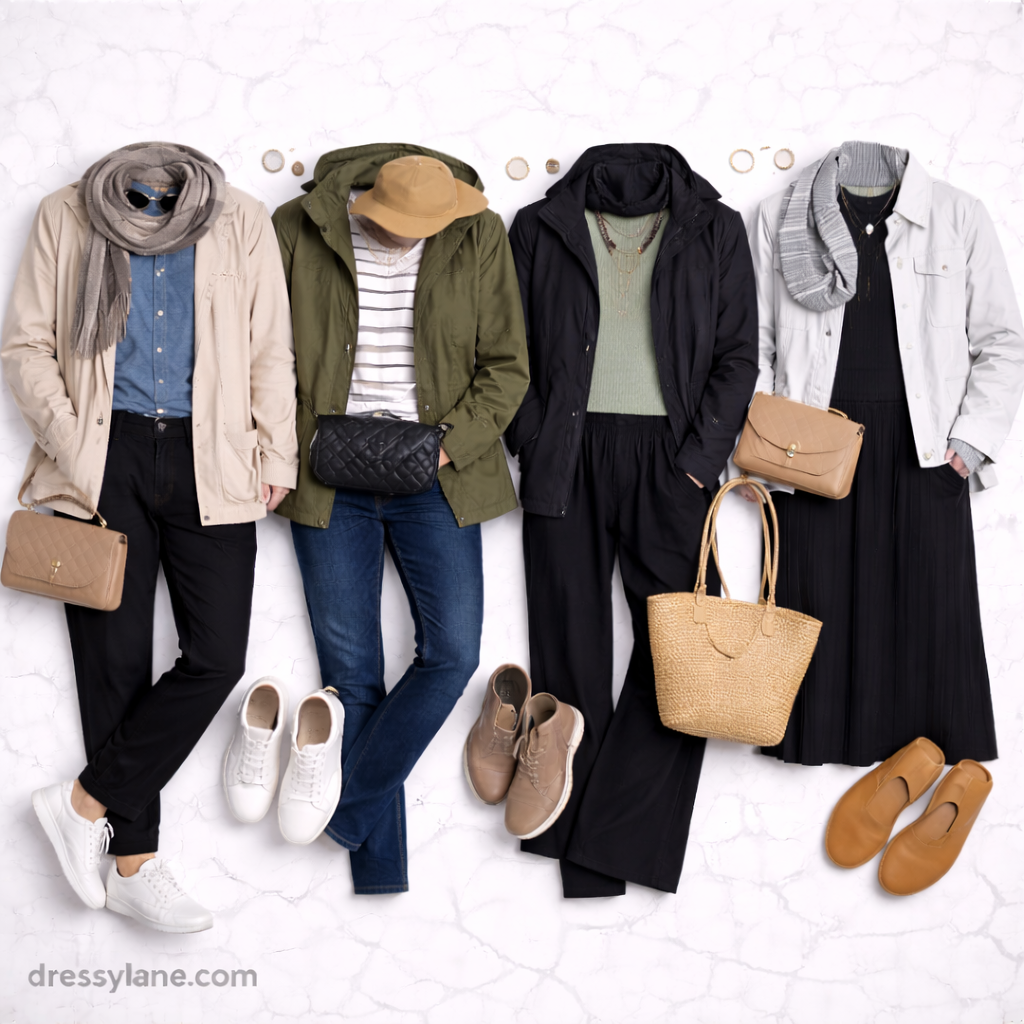 Flat lay of women’s comfortable yet polished travel outfits including jackets, cardigans, pants, sneakers, and structured accessories.