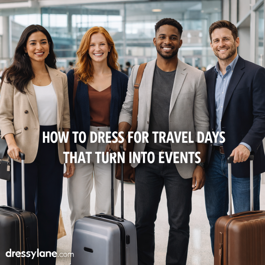 Men and women dressed in stylish travel outfits standing in an airport terminal with luggage, showing how to dress for travel days that turn into events.