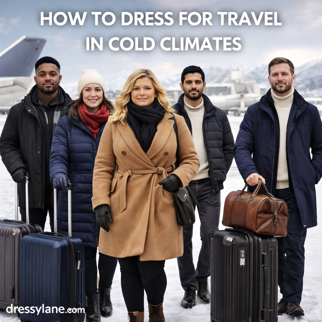 Group of men and women wearing warm, layered travel outfits with coats, scarves, gloves, and luggage in a cold climate setting.