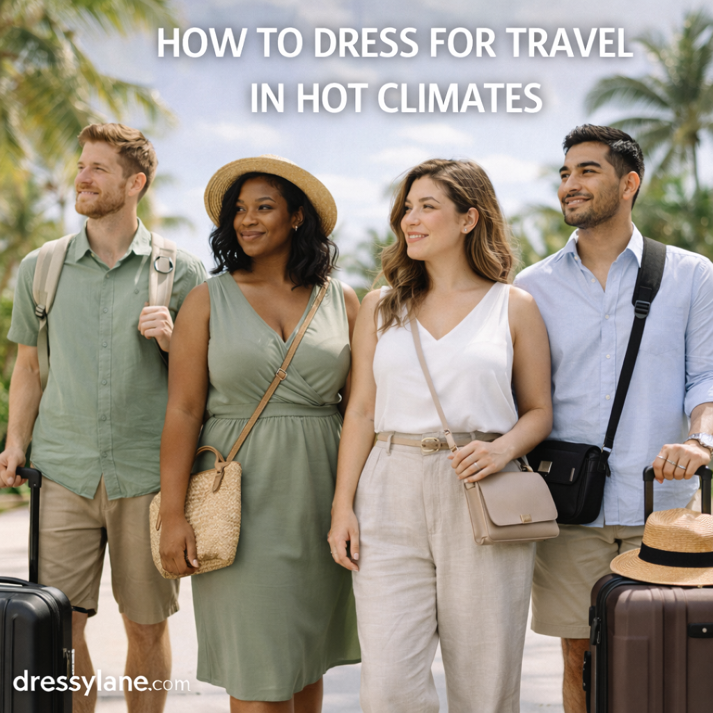 Group of men and women wearing breathable travel outfits suitable for hot climates while sightseeing and traveling.