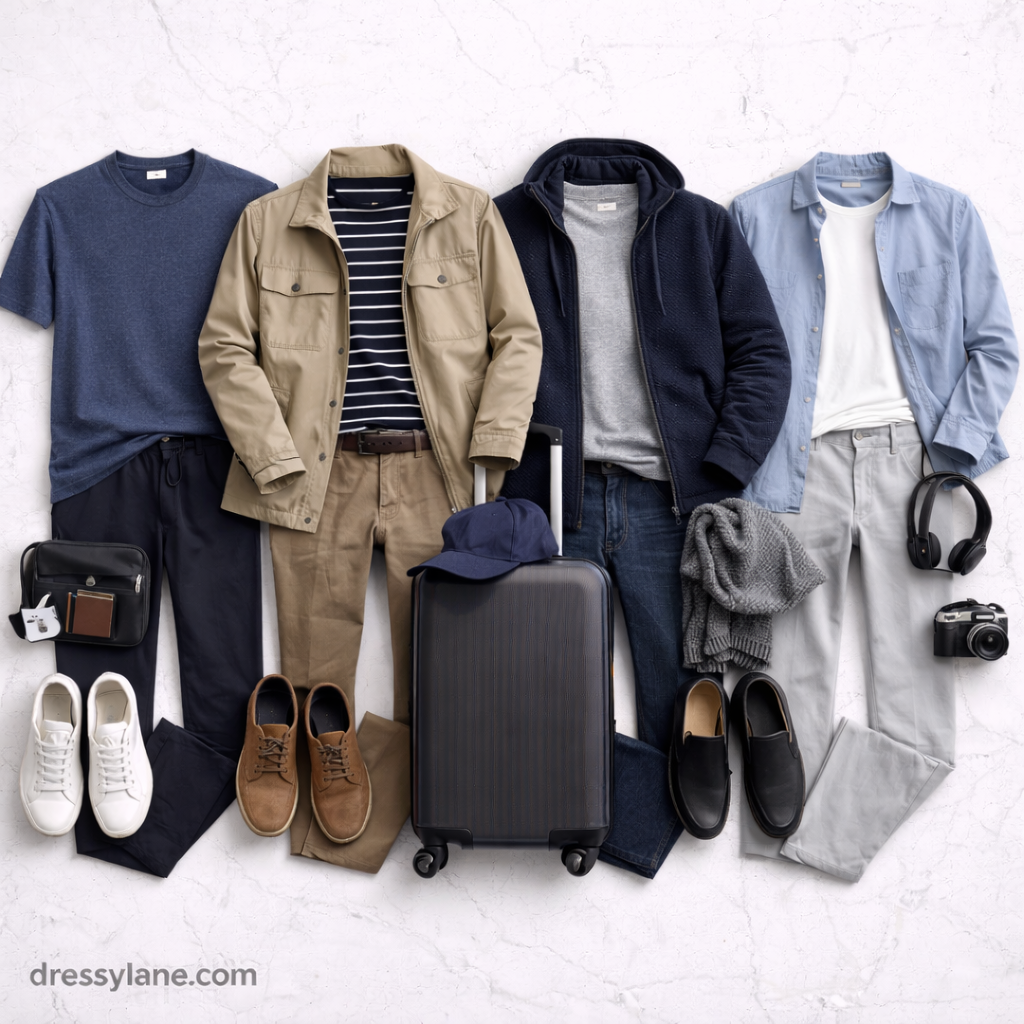 Flat lay of men’s travel-friendly clothing including shirts, jackets, pants, shoes, and essential travel accessories arranged neatly.
