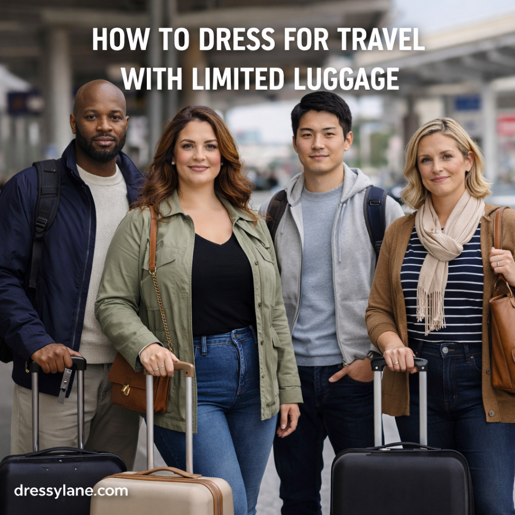Group of travelers wearing comfortable, versatile outfits while traveling with small suitcases and carry-on luggage.