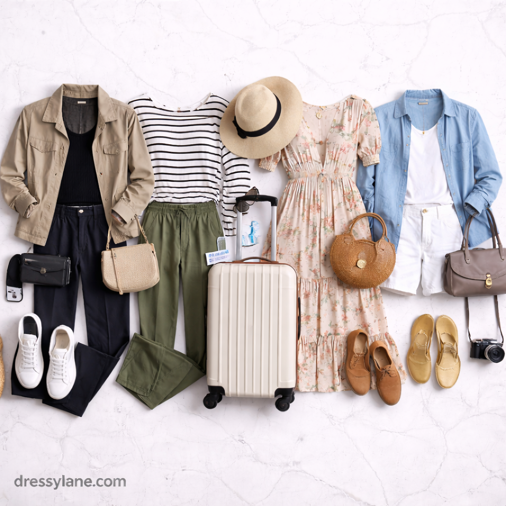 Flat lay of women’s travel-friendly clothing including dresses, lightweight jackets, tops, pants, shoes, and travel accessories arranged neatly.