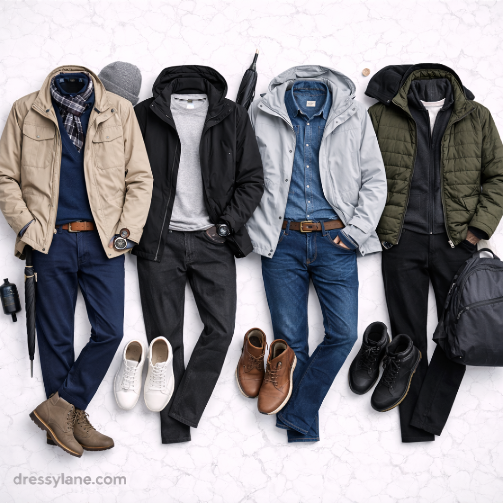 Flat lay of men’s layered outfits designed for unpredictable weather, including jackets, sweaters, jeans, boots, and weather-ready accessories.