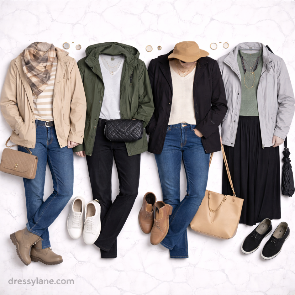 Flat lay of women’s layered outfits designed for unpredictable weather, including jackets, scarves, jeans, boots, and weather-ready accessories.