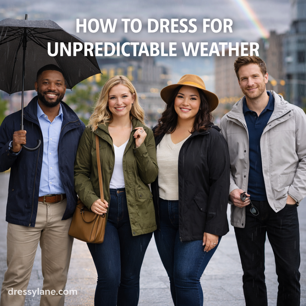 Diverse group of adults wearing layered outfits suitable for unpredictable weather, including jackets and rain-ready clothing.