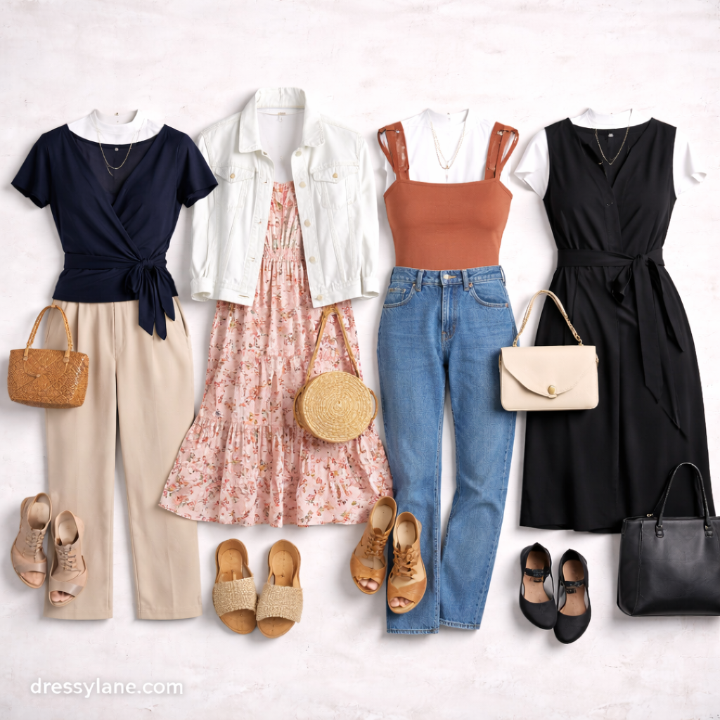 Flat lay of women’s outfits featuring different silhouettes, including wrap tops, dresses, jeans, and tailored pieces for various body types.