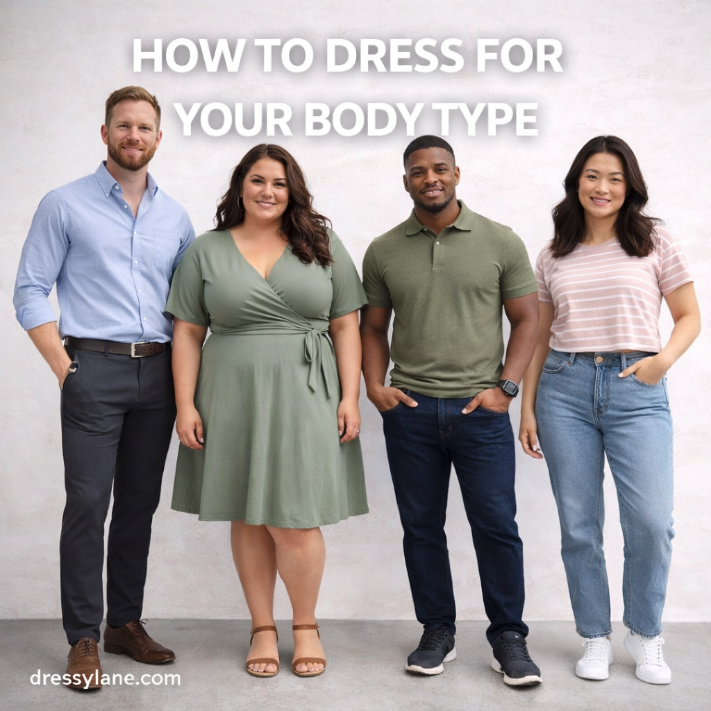 Diverse group of men and women with different body types wearing flattering outfits that highlight balanced proportions.
