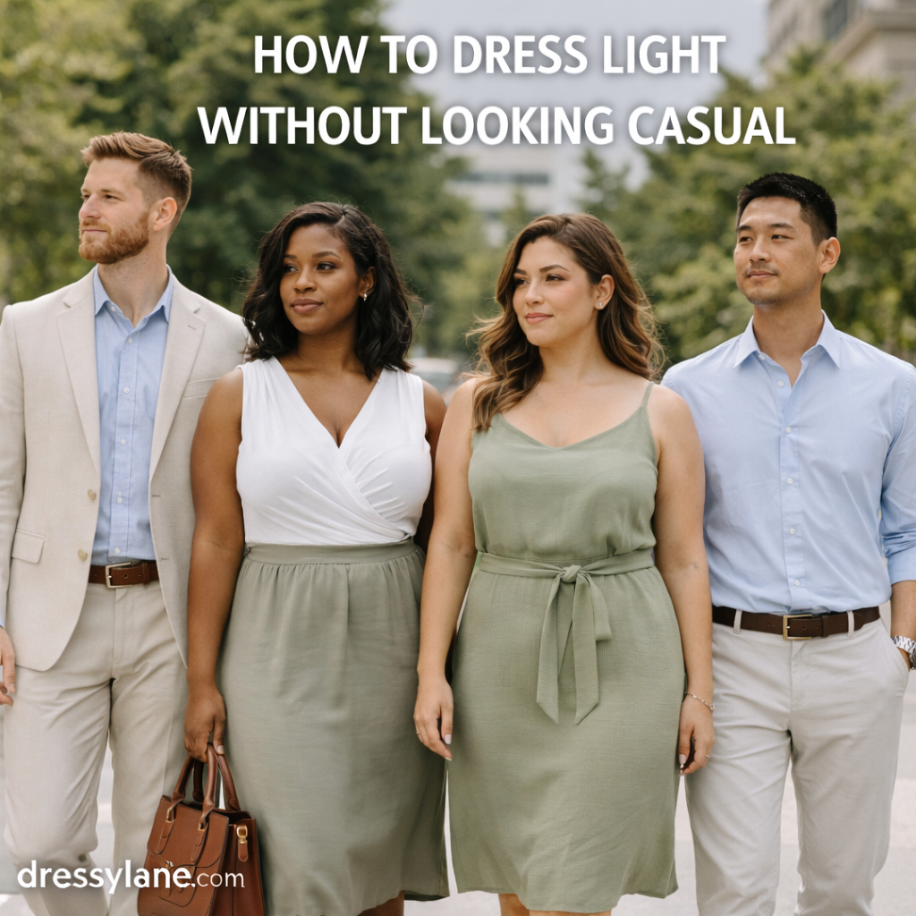Group of men and women wearing lightweight, polished outfits that show how to dress light without looking casual.
