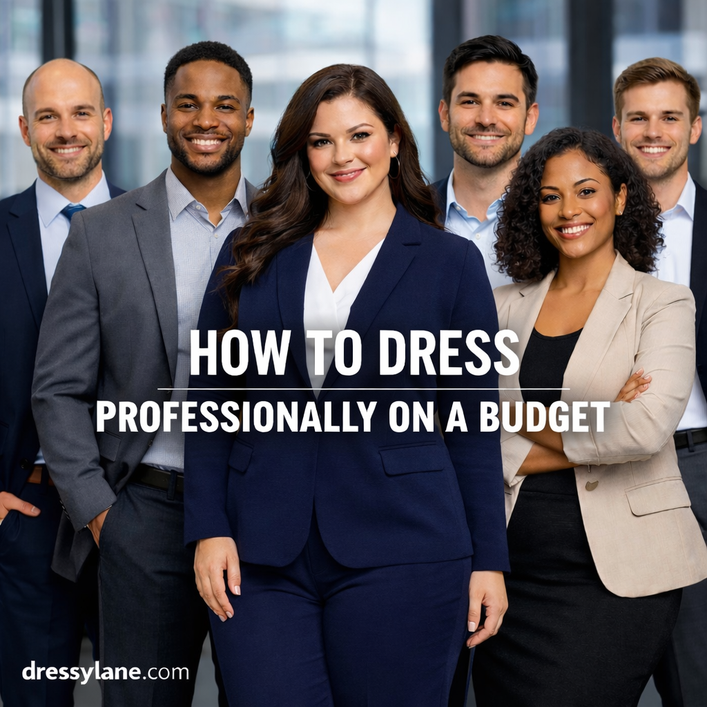 A diverse group of men and women wearing professional business attire on a budget, standing confidently in a modern office environment.