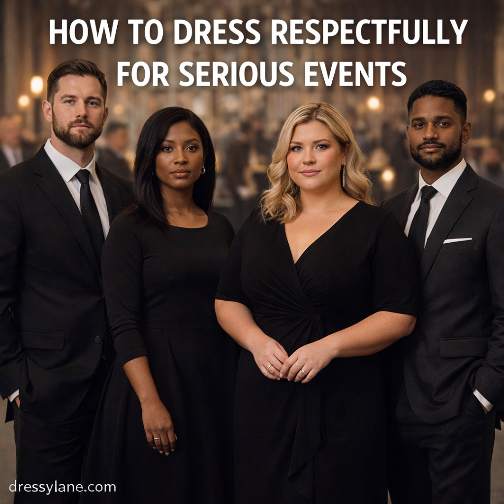 A diverse group of men and women dressed in conservative black attire for a serious event, featuring a confident woman with a curvier build, representing respectful and appropriate clothing choices.