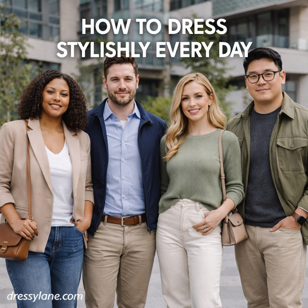 Men and women wearing stylish everyday outfits in a modern urban setting, showcasing polished casual fashion.