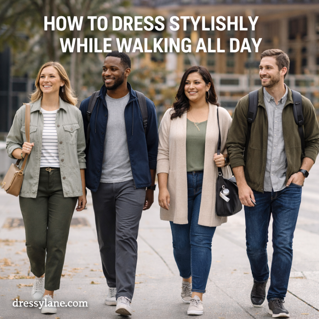 A diverse group of men and women wearing comfortable yet stylish outfits while walking through a city.
