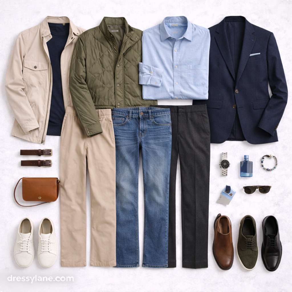 Flat lay of men’s versatile year-round outfits including jackets, shirts, full-length pants, shoes, and neutral accessories arranged neatly.