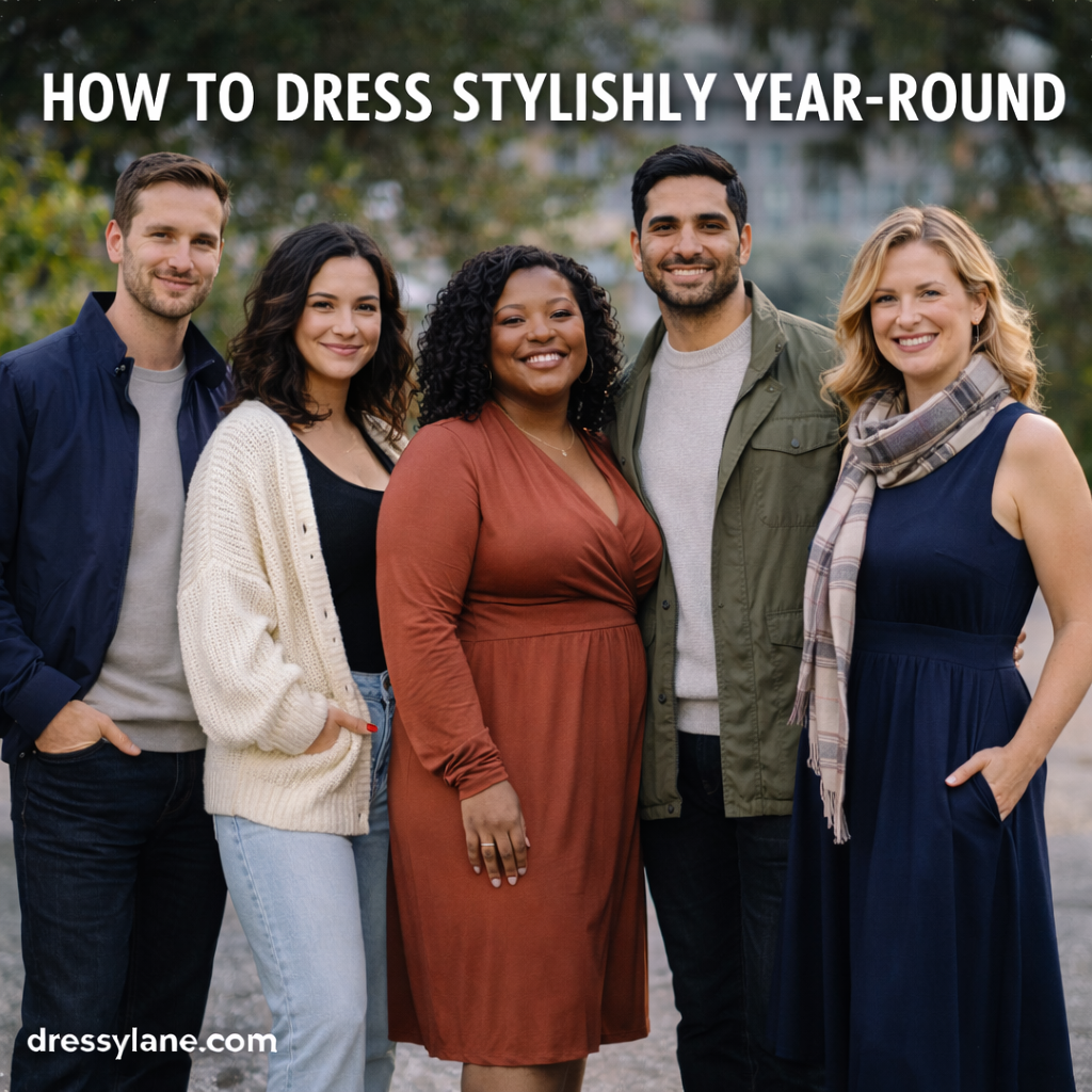 Diverse group of adults wearing stylish outfits suitable for different seasons, representing year-round fashion versatility.
