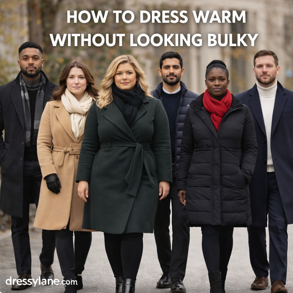 Men and women wearing streamlined winter outfits that demonstrate how to dress warm without looking bulky in cold weather.