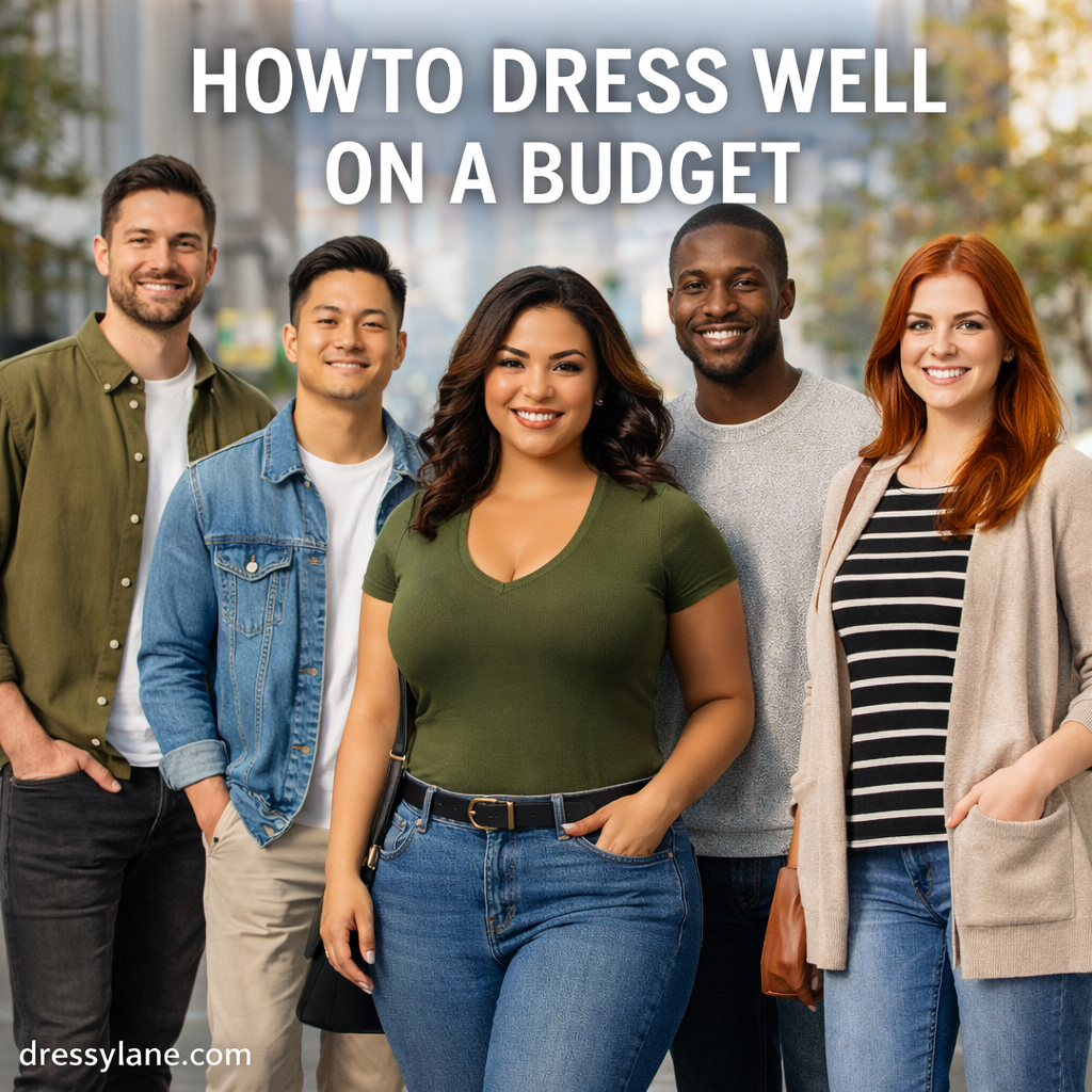 A diverse group of men and women wearing stylish yet affordable outfits, showcasing confident budget-friendly fashion choices in an everyday urban setting.
