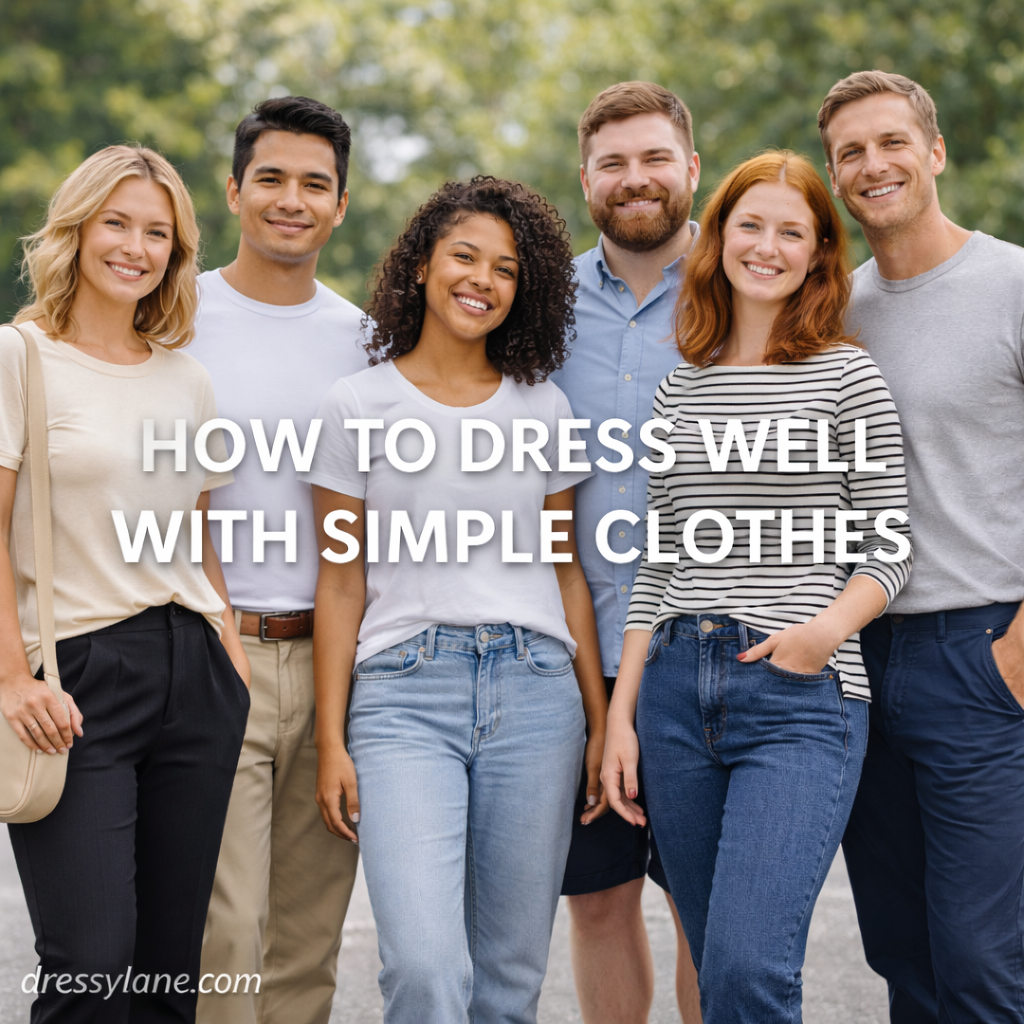 Men and women wearing simple, well-fitted everyday outfits,  demonstrating how to dress well with basic clothing.
