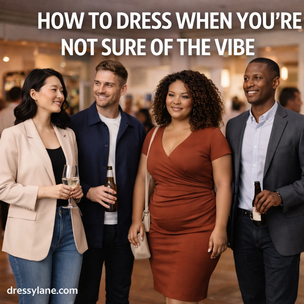 Diverse group of men and women at a social gathering wearing polished casual outfits, featuring a confident curvy woman in a rust-colored dress.