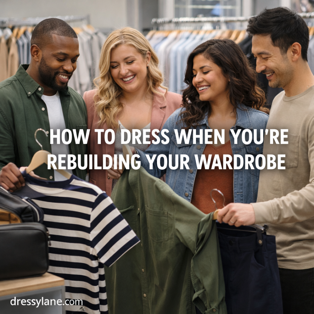 Diverse group of men and women shopping for clothes while rebuilding their wardrobe with versatile pieces.