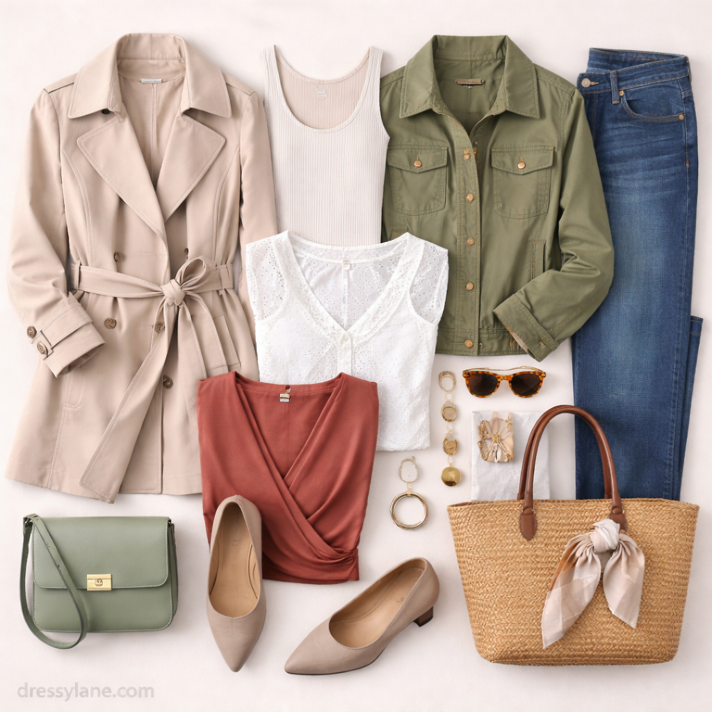 Flat lay of women’s clothing and accessories styled for overlapping seasons, featuring layered tops, jackets, jeans, and versatile footwear.