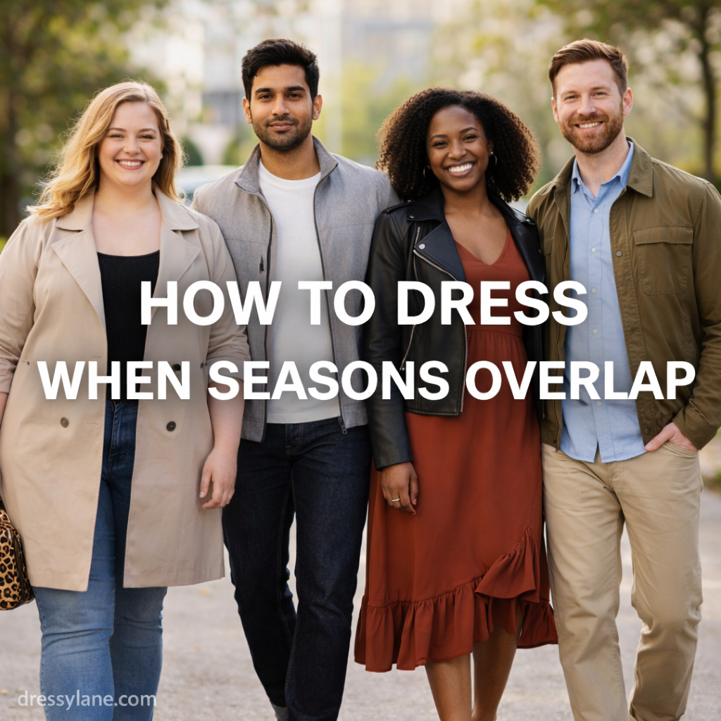 A diverse group of men and women dressed in layered outfits for transitional weather during overlapping seasons.