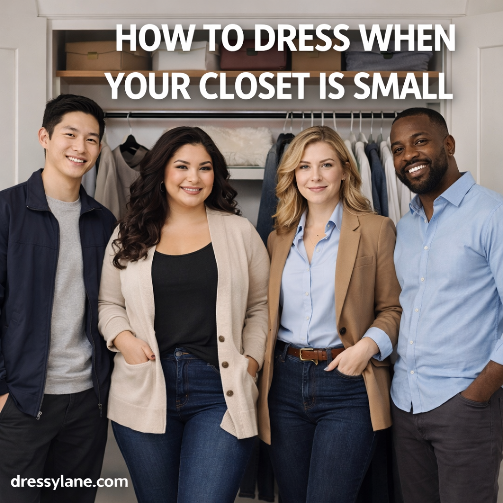Diverse group of men and women standing in front of a small, organized closet wearing neutral, versatile outfits, featuring a confident curvy woman in casual layers.