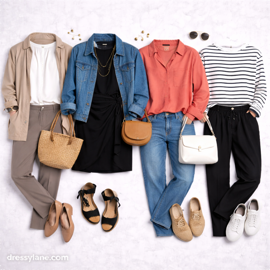 Flat lay of women’s quick, polished outfits including blouses, jackets, dresses, pants, flats, sneakers, and everyday accessories.