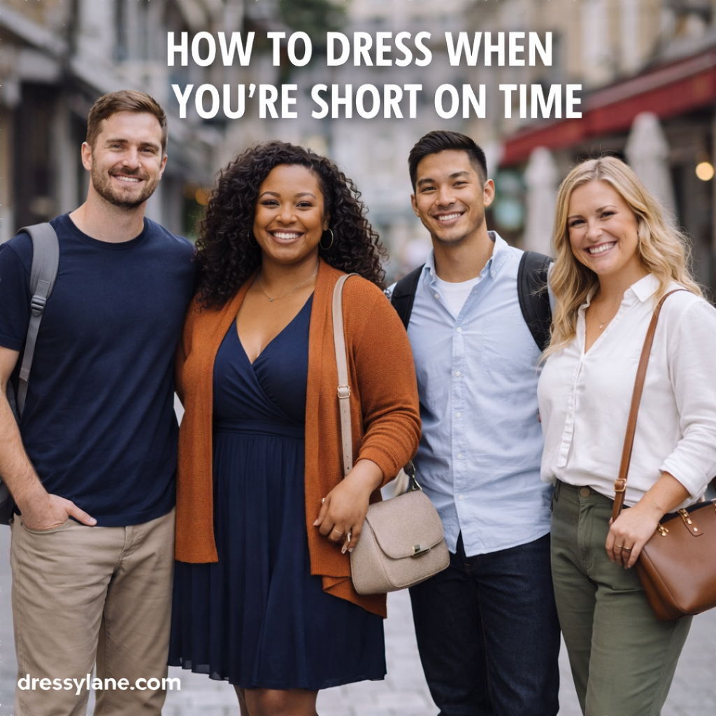 Diverse group of adults wearing comfortable, polished outfits in a city setting, representing quick and practical style for busy days.