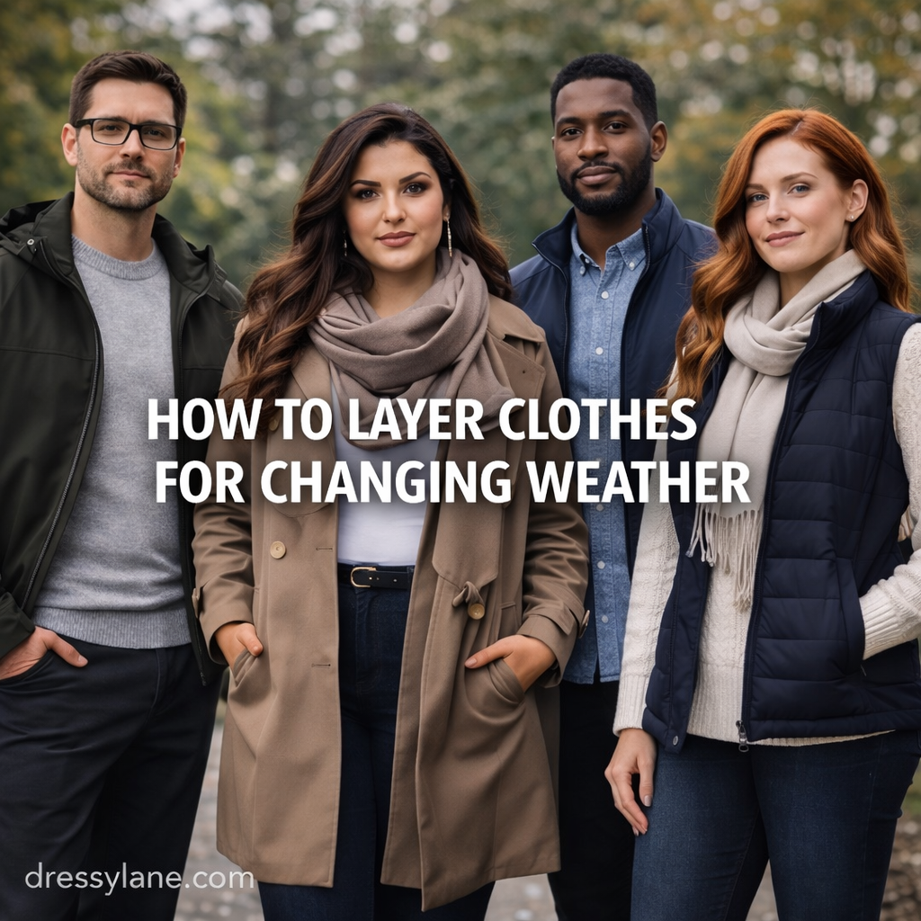 Group of men and women wearing layered outfits for changing weather, featuring a stylish curvy woman in a neutral-toned coat and scarf.