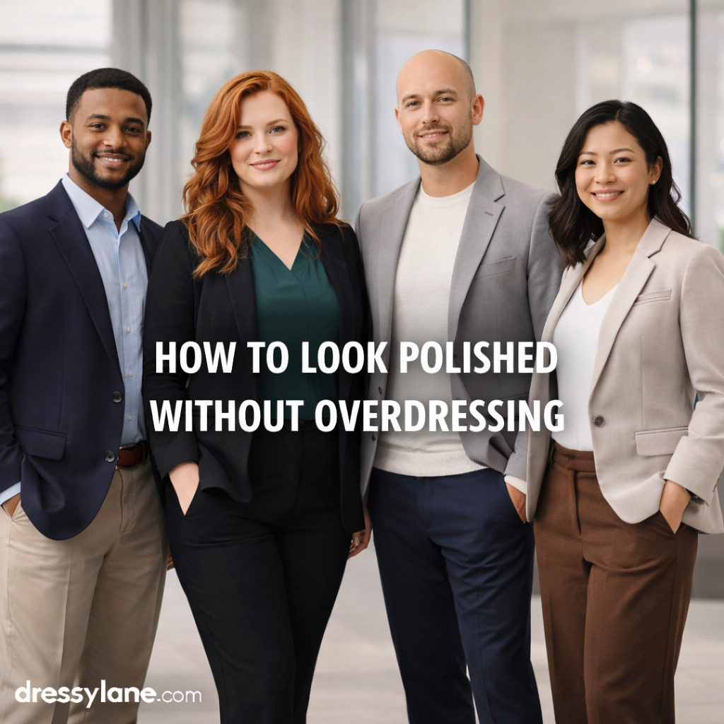 Group of professionally dressed men and women in modern business casual outfits, featuring a curvy redhead woman, showing how to look polished without overdressing.