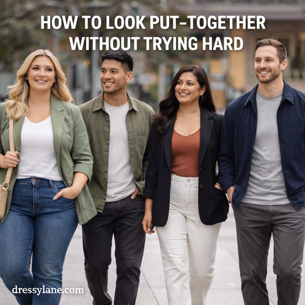 A diverse group of men and women wearing effortless, polished outfits while walking through a city.
