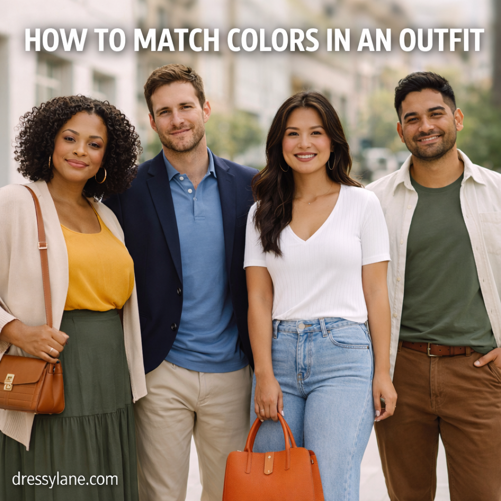 A diverse group of men and women wearing coordinated outfits that demonstrate how to match colors in an outfit.