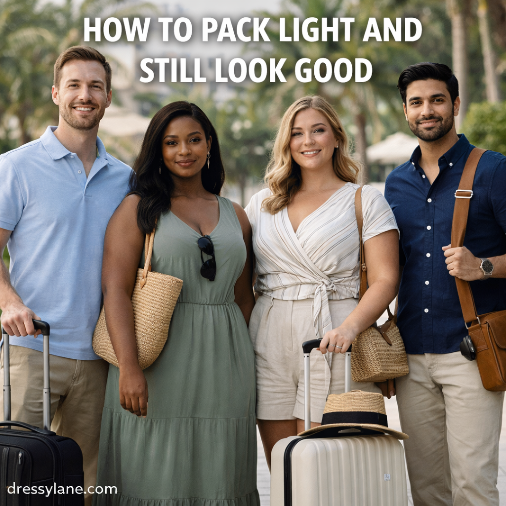 A diverse group of travelers dressed in stylish, minimalist outfits with carry-on luggage, featuring a confident woman with a curvier build, demonstrating how to pack light and still look polished while traveling.
