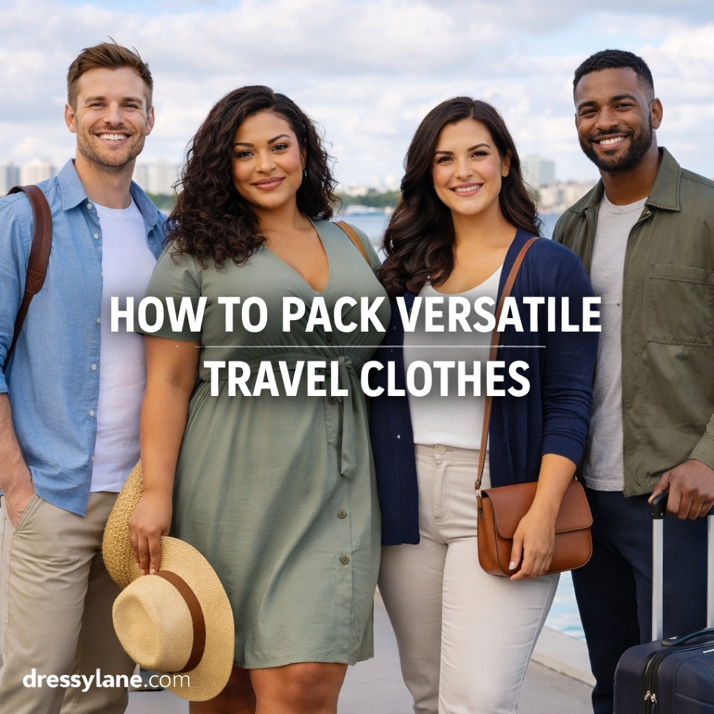 A diverse group of men and women wearing comfortable, stylish travel outfits while standing outdoors with luggage, illustrating versatile travel clothing.
